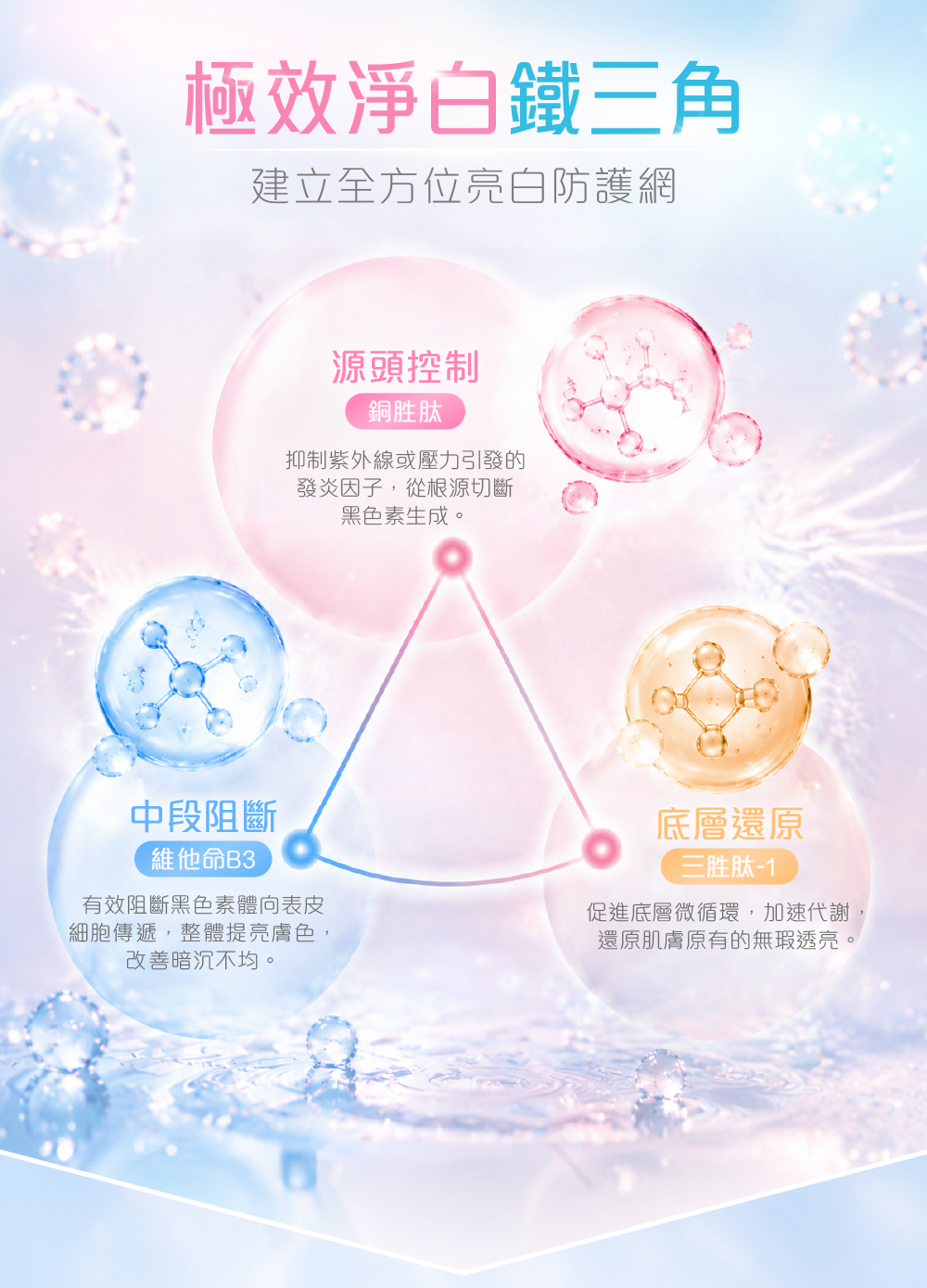 極效淨白鐵三角 建立全方位亮白防護網 源頭控制 – 銅胜肽 抑制紫外線或壓力引發的發炎因子，從根源切斷黑色素生成信號。 中段阻斷 – 維他命B3 有效阻斷黑色素體向表皮細胞傳遞，整體提亮膚色，改善暗沉不均。 底層還原 – 三胜肽-1 促進底層微循環，加速代謝，還原肌膚原有的無瑕透亮。 